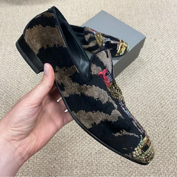 ALEXANDER MCQUEEN Bead & Crystal Embellished Bird Velvet Zebra Print Slippers - Picture 9 of 16